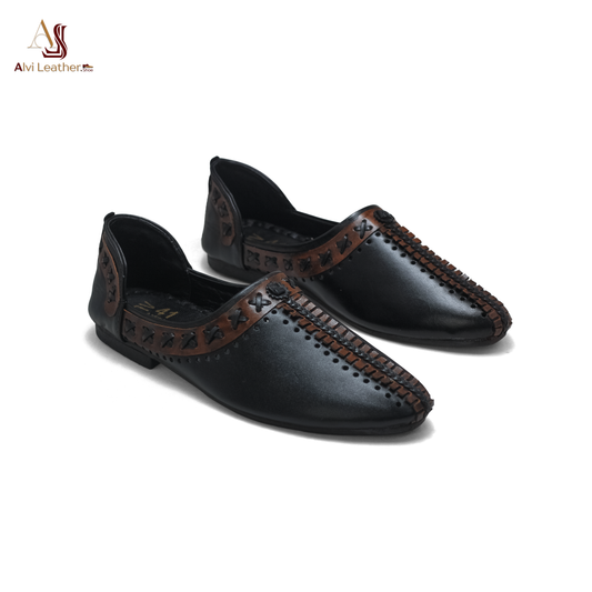 Handmade Black & Brown Leather Jutti - Men's Slip-On Woven Loafers by Alvi Leather